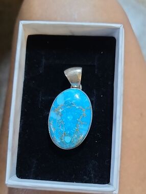 Silver Turquoise Oval Pendant - Blue Stone Pendant